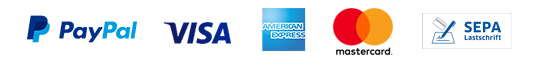 Banner für Onlinezahlungsmethoden Paypal, Visa, American Express, mastercard, SEPA Lastschrift